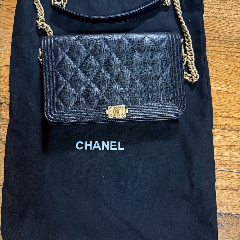 CHANEL Black Quilted Caviar Leather Boy Wallet on Chain with Gold Hardware